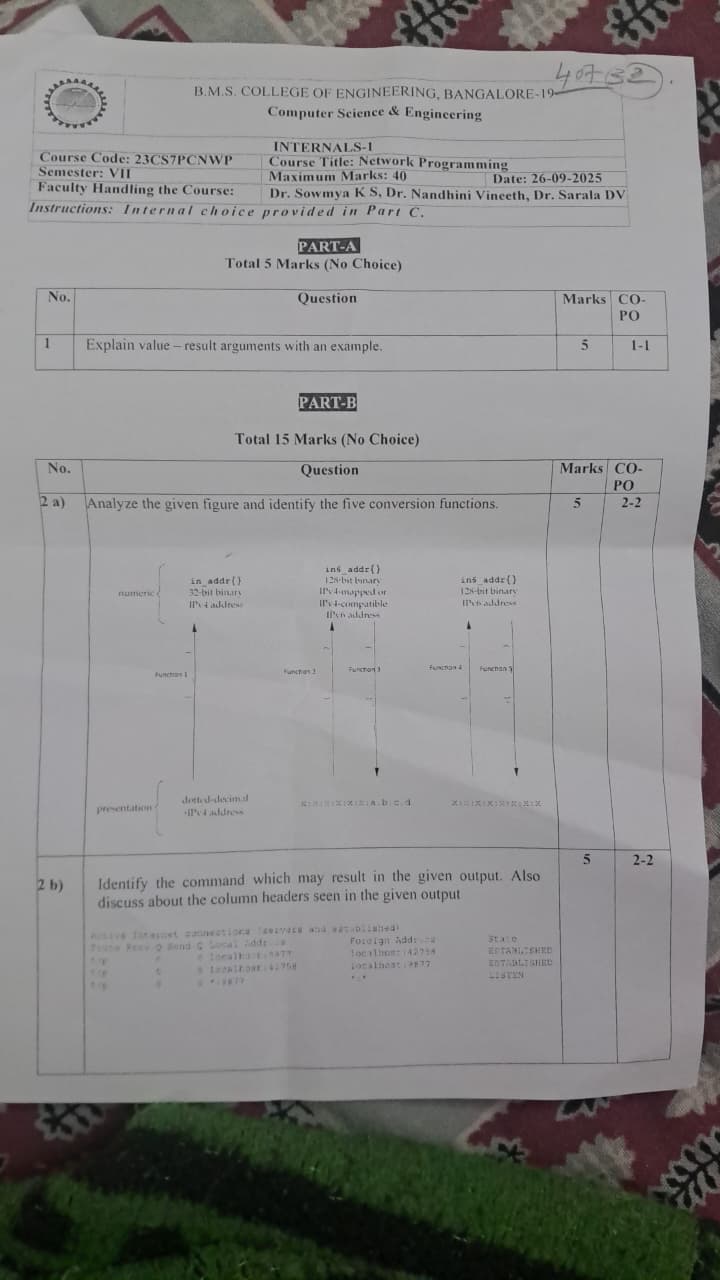 Scan of page 1 of the Internals-1 question paper, showing Part A question 1 and Part B questions 2a and 2b.